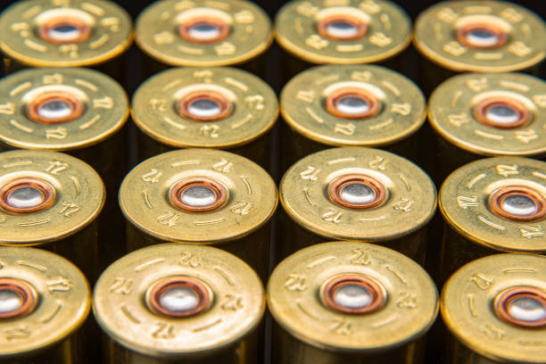 istock Shotgun shells on a black reflective surface. Ammunition for 12 gauge smoothbore weapons. Hunting ammunition. Dark background. 1391639433