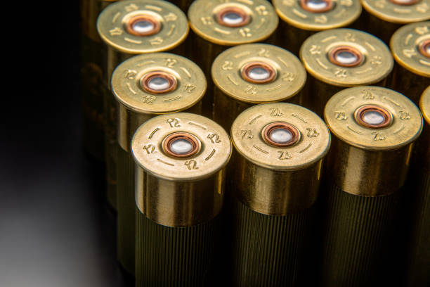 istock Shotgun shells on a black reflective surface. Ammunition for 12 gauge smoothbore weapons. Hunting ammunition. Dark background. 1391639435