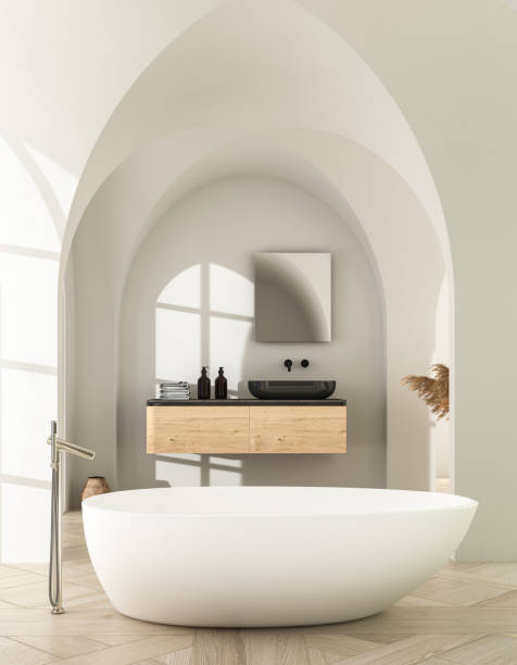 moderno metà secolo e interni minimalisti del bagno, - window arch white indoors foto e immagini stock