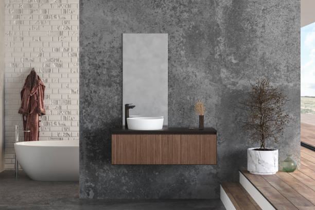 istock Corner of minimalist panoramic bathroom with concrete wall 1391641433