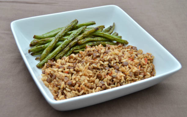 Brown Rice and Lentils with Green Beans stock photo