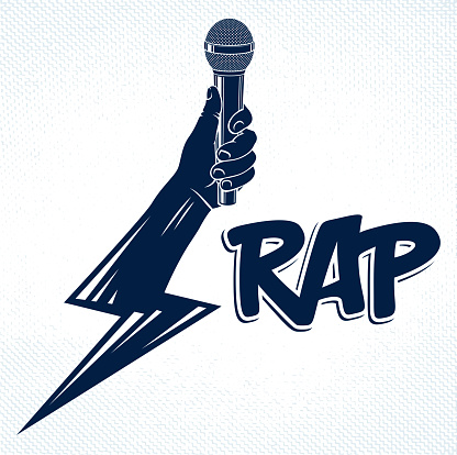 Rap music vector logo or emblem with microphone in hand in a shape of lightning bolt, Hip Hop rhymes festival concert or night club party label, t-shirt print.