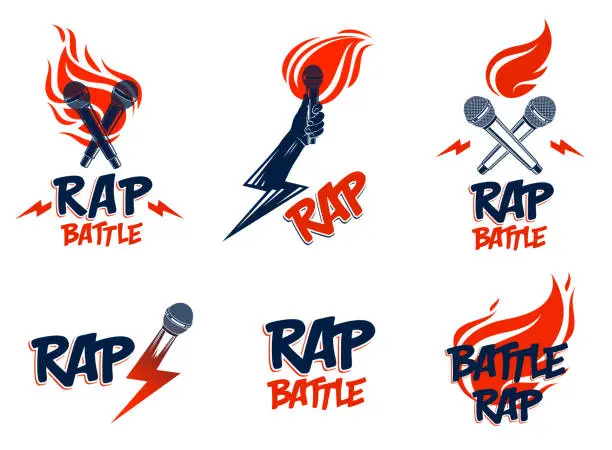 Vector illustration of Rap music vector logos or emblems set with microphone in hand flames and lightning bolt, hot Hip Hop rhymes festival concert or night club party labels, t-shirt prints.