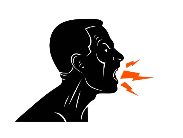 Vector illustration of Abuse verbal aggression and anger man face profile screaming and shouting vector illustration isolated on white background.