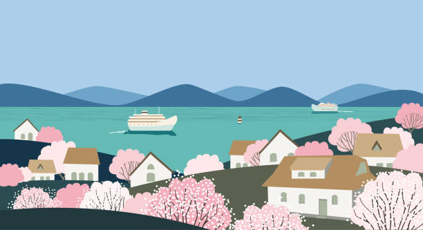 ländliche landschaft in blühender frühlingssaison vektor - town of blossom stock-grafiken, -clipart, -cartoons und -symbole