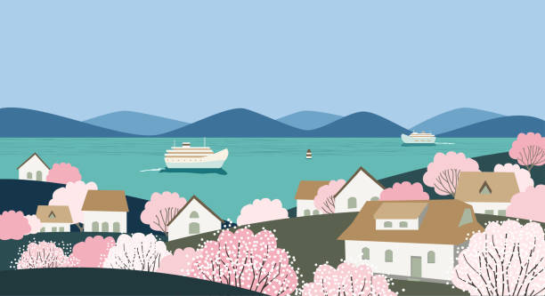 krajobraz wiejski w kwitnącym wektorze sezonu wiosennego - town of blossom stock illustrations