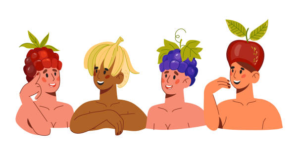 istock Female characters in fancy fruit shaped hats, flat cartoon vector illustration isolated. 1391648854