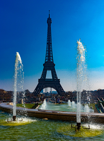 Eiffel Tower Paris France captured against a clear blue sky framed by Fontaine du Jardin du Trocadéro