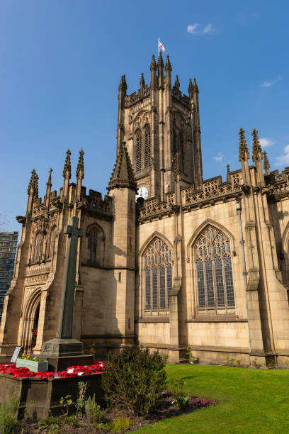 Manchester, England - United Kingdom - March 23rd, 2022: Exterior of the Manchester Cathedral, built from 1421\