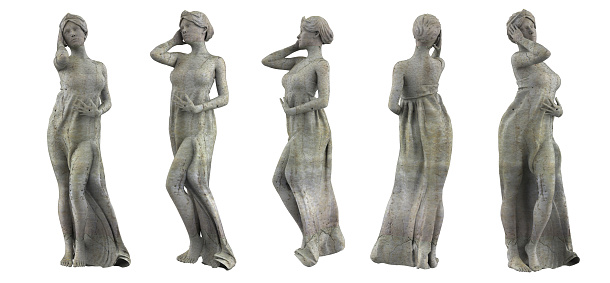 3d render illustration artwork of ancient greek female goddess marble stone statue in different angles isolated on white background.