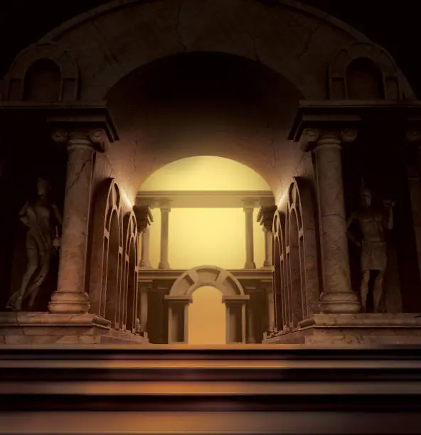 Photo of 3d render illustration of fantasy greek temple with statues.