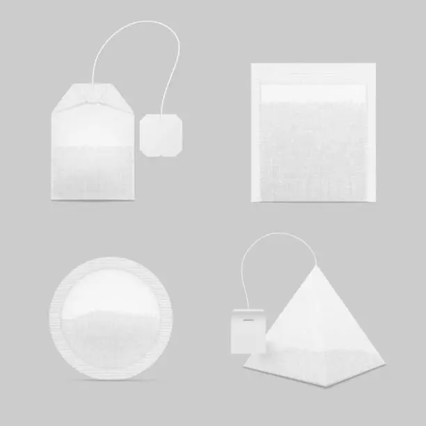 Vector illustration of Collection realistic tea bags different shape vector round, rectangle, squared, pyramid shaped