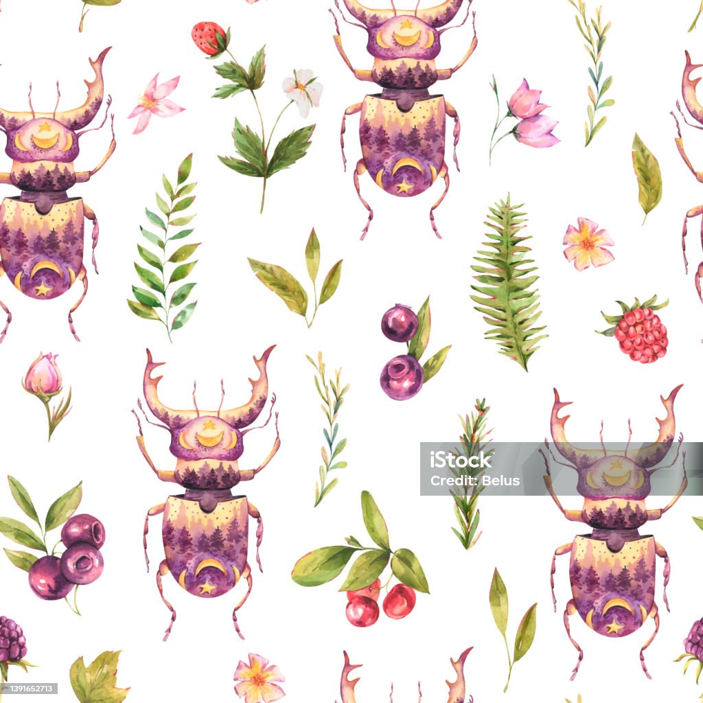 Watercolor Beetle Seamless Pattern With Wildflowers Totem Animals Floral  Texture Stock Illustration - Download Image Now - iStock