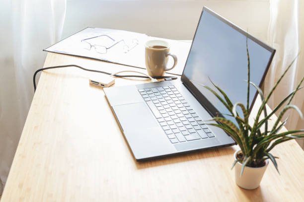 Laptop on a desk, beside it a plant, coffee and ring binder in warm light, small workspace in home office for business, internet surfing, online shopping and social media, copy space, selected focus computadora portátil en un escritorio, junto a ella una planta, café y carpeta de anillos con luz cálida, pequeño espacio de trabajo en la oficina en casa para negocios, navegación por internet, compras en línea y redes sociales, espacio de copia, en