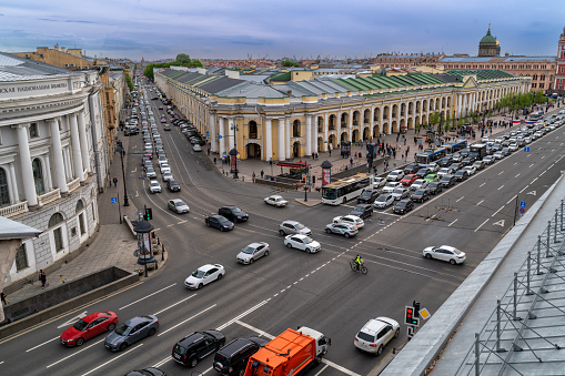 Russia, St. Petersburg, May 25, 2021: View from the roof of Nevsky Prospekt, the architecture of the city and heavy traffic.