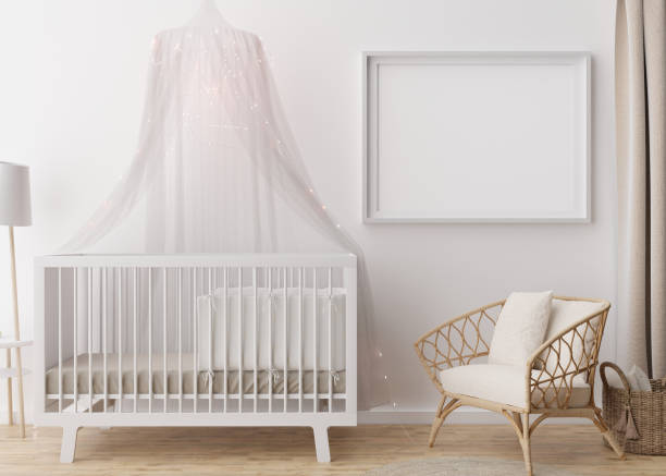 istock Empty horizontal picture frame on white wall in modern child room. Mock up interior in scandinavian style. Free, copy space for picture. Baby bed, rattan armchair. Cozy room for kids. 3D rendering. 1391656463