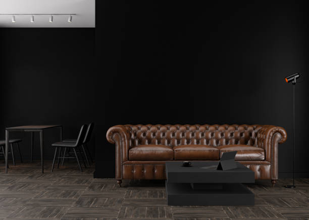 istock Empty black wall in modern living room. Mock up interior in contemporary style. Free space, copy space for your picture, text, or another design. Brown leather sofa, parquet floor. 3D rendering. 1391656464