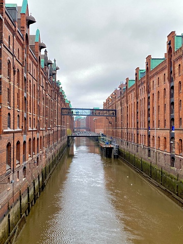 Row of brick warehouse buildings in the Speicherstadt area of Hamburg in Germany