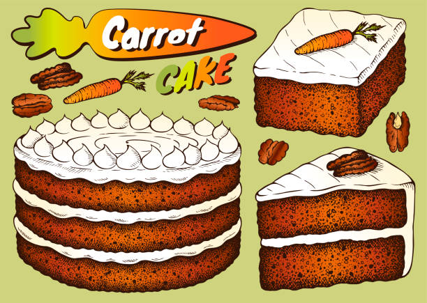 カラフルなキャロットケーキとホイップクリームのスケッチ描画セット。 - engraving old fashioned cake food点のイラスト素材／クリップアート素材／マンガ素材／アイコン素材