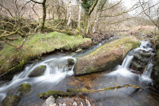 Long exposure of the Weir Water river  flowing through the valley at Robbers Bridge in Exmoor National Park