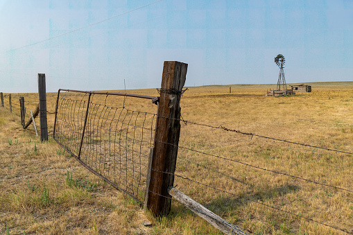 Old ranch gate and barbed wire fence, log building and windmill on the Montana prairie in western United States of America (USA).