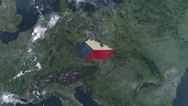 Czech map with Czech flag, zooming in from the space through a realistic animated globe, with a panoramic view consisting of Eurasia and Africa. The concept of epic spinning world animation, Planet earth half day and night rotating, 4K