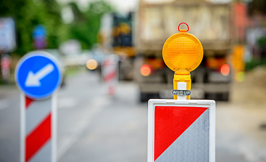 Road works and warning lights