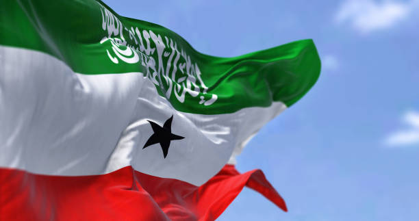 side close-up view of Somaliland national flag waving in the wind. side close-up view of Somaliland national flag waving in the wind. In the background there is a clear sky. Patriotism and pride. Unrecognized state located in the Horn of Africa. Selective focus hargeysa photos stock pictures, royalty-free photos & images