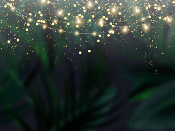 ilustrações de stock, clip art, desenhos animados e ícones de emerald tropical forest foliage vector background. green palm leaves wedding invitation - tree lights