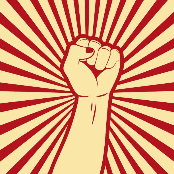 Revolution fist with red nails propaganda poster Design Vector Art Illustration.
An original illustration of a revolutionary fist with red nails held in the air in a vintage propaganda style, with a background with comics effects lines. arm wrestling stock illustrations