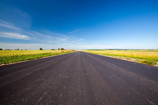 an asphalt road with a blue cloudless sky , a road through a field with green grass and trees