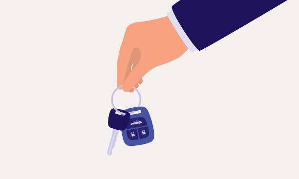 Businessman Holding A Car Key And Remote Control. Close-Up View Of A Businessman’s Hand Holding A Car Key And Remote Control. Isolated On Solid Color Background. Vector, Illustration, Flat Design, Character. car key illustrations stock illustrations