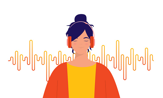 Happy Woman With Wireless Headphones Enjoy Listening To Her Music. Half Length, Isolated On Sound Wave Background. Vector, Illustration, Character.