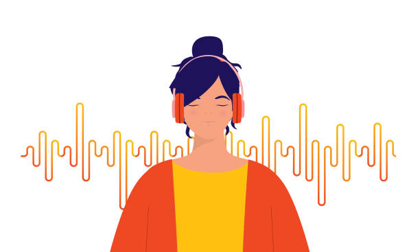 Happy Woman Enjoying Her Music. Happy Woman With Wireless Headphones Enjoy Listening To Her Music. Half Length, Isolated On Sound Wave Background. Vector, Illustration, Character. listening stock illustrations