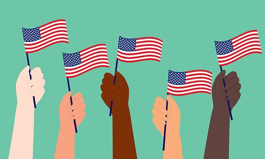 Diverse Group Of Patriot’s Hand Waving A Small American Flag With Plastic Stick. Full Length, Isolated On Solid Color Background. Vector, Illustration, Flat Design, Character.