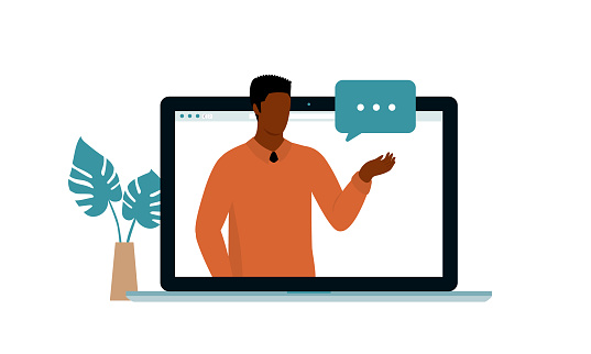 Young Black Man Employee Having Video Conference. Full Length, Isolated On White Color Background. Vector, Illustration, Flat Design, Character.