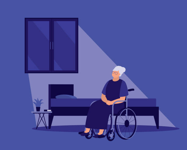 starsza kobieta na wózku inwalidzkim mieszkająca samotnie w domu. - sadness nursing home senior adult old stock illustrations