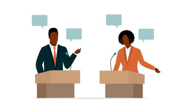 Black Man And Woman Politician Debating. Black Man And Woman Politician Standing At A Podium Debating. Half Length, Isolated On White Color Background. Vector, Illustration, Flat Design, Character. governor stock illustrations