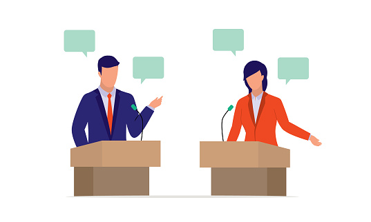 Man And Woman Politician Standing At A Podium Debating. Half Length, Isolated On White Color Background. Vector, Illustration, Flat Design, Character.