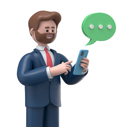 3D illustration of a smiling businessman Bob  chatting on the smartphone and speech bubble. Portraits of cartoon characters talking and typing on the phone. Communication in social networking, mobile connection. 3D rendering on white background.