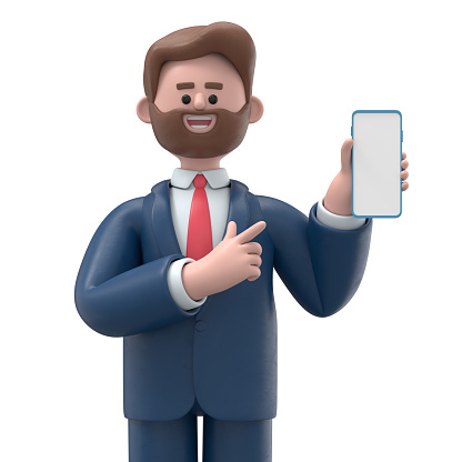 3D illustration of a smiling businessman Bob  holding smartphone and showing blank screen. Close up portrait of cartoon  characters pointing finger at empty display phone, 3D rendering on white background.