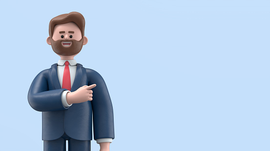 3D illustration of a smiling businessman Bob  showing you way, pointing his finger to empty copy space for advertising. Minimal style. 3D rendering on blue background.