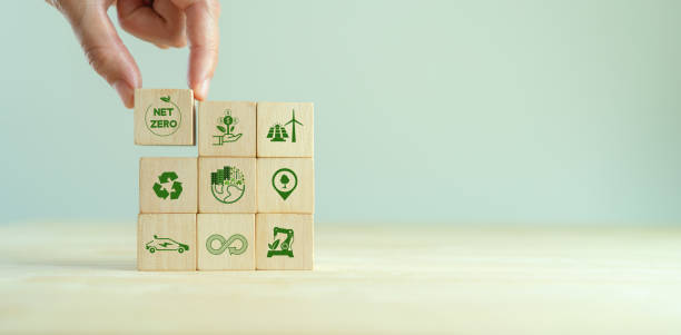 istock Net zero and carbon neutral concept. Net zero greenhouse gas emissions target. Climate neutral long term strategy.  Putting wooden cubes with green net zero and save world icon on grey backgroud. 1391695734