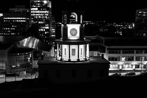 Black and white of the Halifax town clock just before dawn.