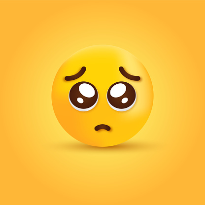 3d pleading face emoji with glossy eyes - yellow sad emotion - sadness emoticon face with furrowed eyebrows