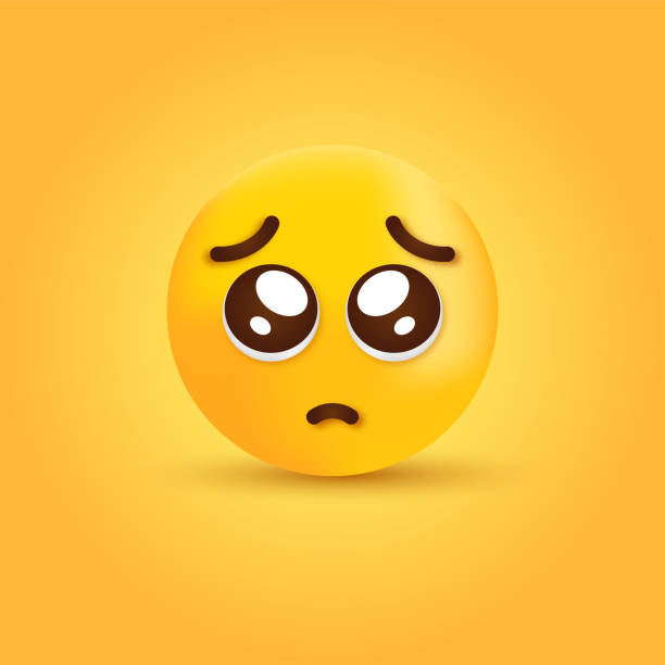 3d pleading cry sad emoji face . sadness emoticon 3d pleading face emoji with glossy eyes - yellow sad emotion - sadness emoticon face with furrowed eyebrows pleading emoji stock illustrations