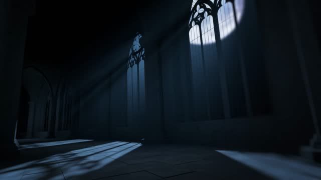 scary medieval castle corridor at night. moonlight passing through windows.