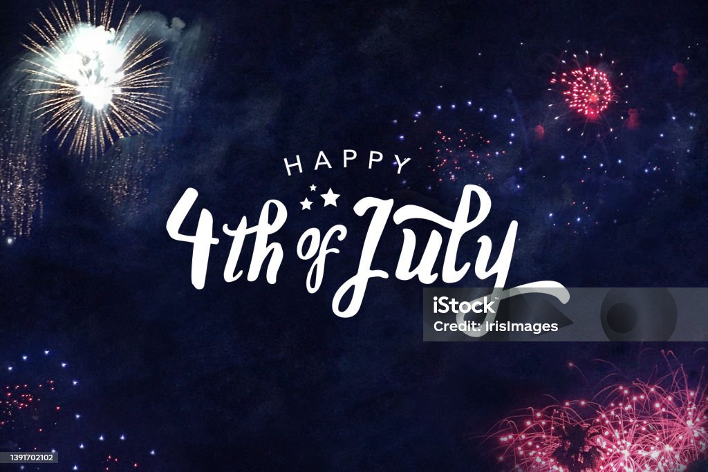 Happy 4th of July Typography with Fireworks in Night Sky Background Happy 4th of July Typography Design with Fireworks in Night Sky Background, Horizontal Fourth of July Stock Photo