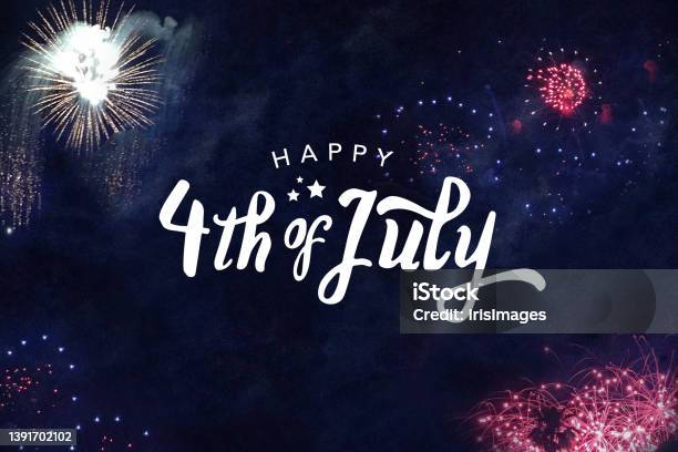 Happy 4th Of July Typography With Fireworks In Night Sky Background Stock Photo - Download Image Now