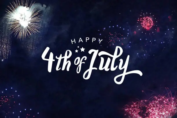 Photo of Happy 4th of July Typography with Fireworks in Night Sky Background